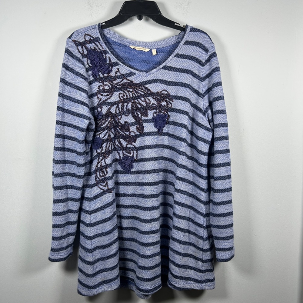 Soft Surroundings Tunic Womens 1X Blue Striped Embroidered Sweater Office Casual